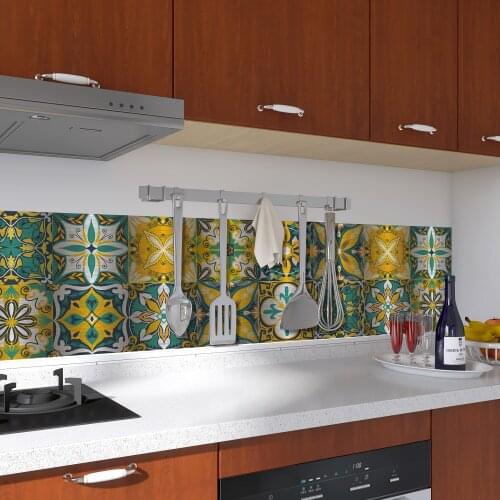Mediterranean Moroccan Style Brushed Metal Texture PVC Waterproof Self adhesive Tile Wall Sticker Kitchen Bathroom Decoration