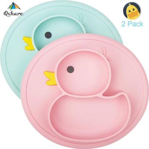Qshare 2pcs Duck Baby Plate Silicone Suction Dishes Tray Antislip Children Meal Fruits Feeding Toddler Tableware