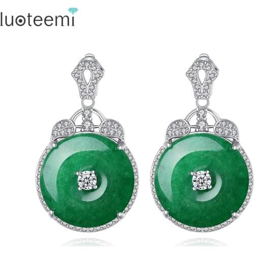 LUOTEEMI Vintage Drop Earrings Round Green Stone Cubic Zirconia Fashion Jewelry Accessories for Women Dating Christmas Gifts