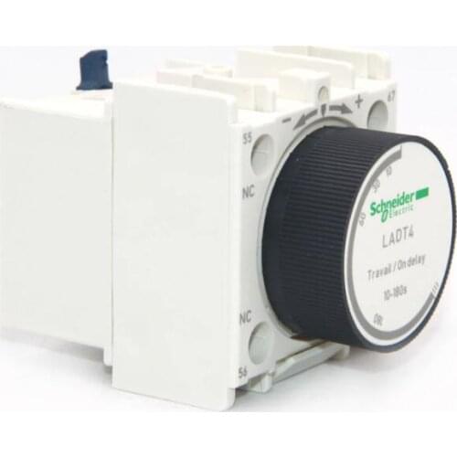 LADT4 Time delay auxiliary contact block, TeSys D, 1NO + 1NC, on delay 10-180 s, front mounting, screw terminals