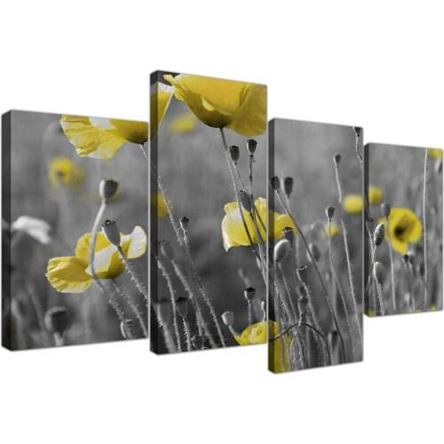 Yellow Grey Poppy Flower - Poppies Floral Canvas -Print On Canvas HD Print Split Wall Art 4 Pieces Drop shipping