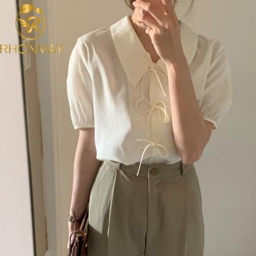 New Chic Simple Elegant Bow Design Work Style Ol Blouse Women Turn Down Collar Short Sleeve Loose Shirts Summer 2021
