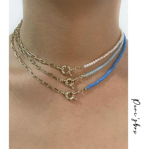 PerisBox Candy Color Acrylic Beaded Paperclip Chain Choker For Women Gold Color Brass Toggle Clasp Mixed Chain Necklaces