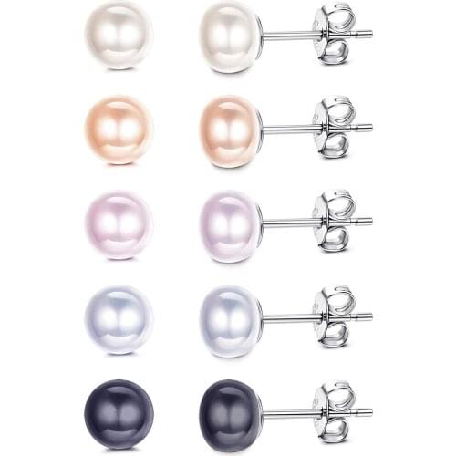 5 Pairs Earrings Women Girls Freshwater Pearl Stud Earrings White Pink Purple Black Gray Round Pearls Beads Jewelry Party Gifts