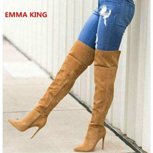 2019 Stylish Suede Over Knee Boots For Women Winter Pointed Toe Pleated Sexy Ladies Shoes Side Zip Stiletto High Heel Long Boots