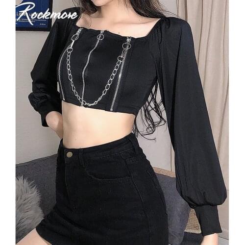 Rockmore Gothic Double Zip Up Chain Cropped Top Women Black Tshirt Long Puff Sleeve Backless Tees Casual Square Collar T-shirt