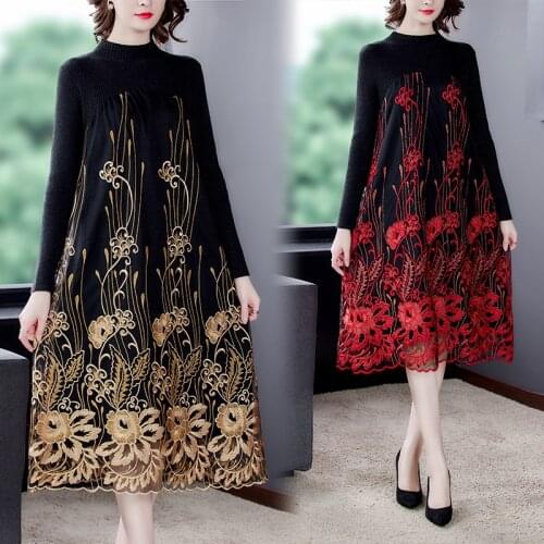 2021 Women Vintage Bodycon Knitting Sweater Midi Dresses Autumn Winter Mesh Embroidery Red Floral Elegant 3XL Plus Size Sweater