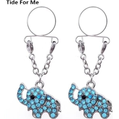 2PCS Fashion Blue White Animal Elephant Crystal Non pierced Clip On Nipple Ring Fake Nipple Dangle Adjustable Body Jewelry Gift