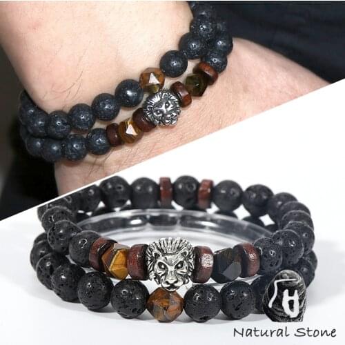 2pcs Men Bracelet 8mm Natural Lava Rock Tiger Eye Stone Bead Bracelets Vintage lion Head Charm Bracelet Man Hand Jewelry