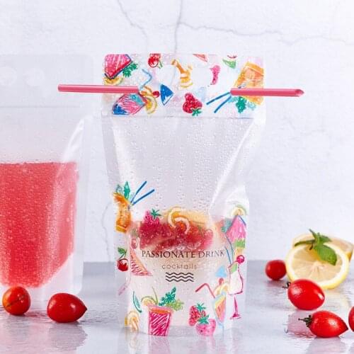 2000pcs/lot 500ml Fruit pattern Plastic Drink Packaging Bag for Beverage Juice Milk Coffee, with Handle and Holes for Straw