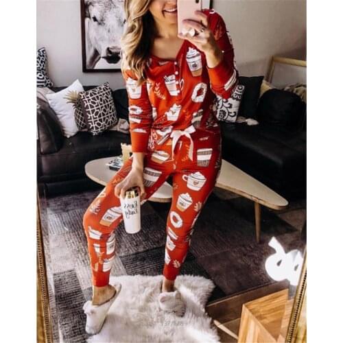 2021 New Women Pajamas Set Print Thermal Underwear V-neck Buttons Up Long Sleeve T-shirt Empire Pants Homesuit Casual Sleepwear