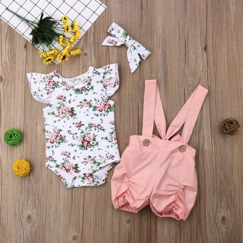 2019 Brand New Newborn Toddler Kid Baby Girl Summer Clothes 3PCS Floral Ruffles Sleeve Romper Tops+Bib Overall Shorts Headband