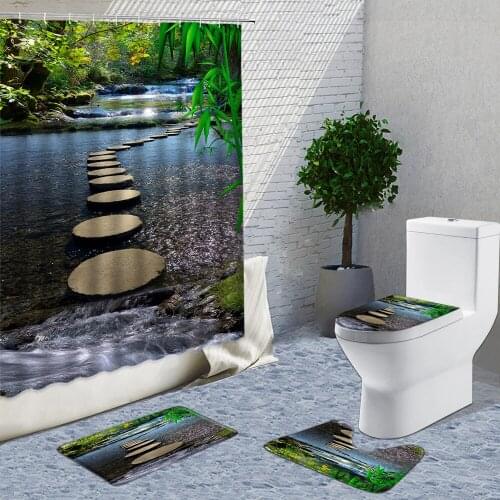 Classical Pagoda Garden Shower Curtains 4pcs Sets Park Landscape Bathroom Curtain Decor Bath Mats Rugs Toilet Cover U-Shaped Pad