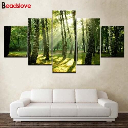 5 pieces Sunlight Green Tree Forest Landscape diamond mosaic diamond embroidery 5d diy Handmade diamond painting Modern Decor