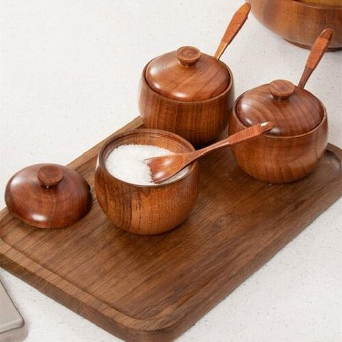 Natural Wood Spice Jar Japanese Style Cans Seasoning Salt Storage Container with Lid Sugar Bowl Salt Spoon Kitchen Tools Gadgets