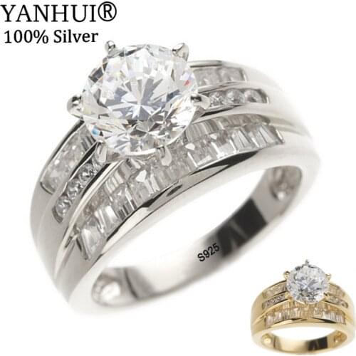 YANHUI European and American Style Brand 100% Real 925 Sterling Silver&Gold Wedding Rings Fine Jewelry CZ Women Rings R166-7