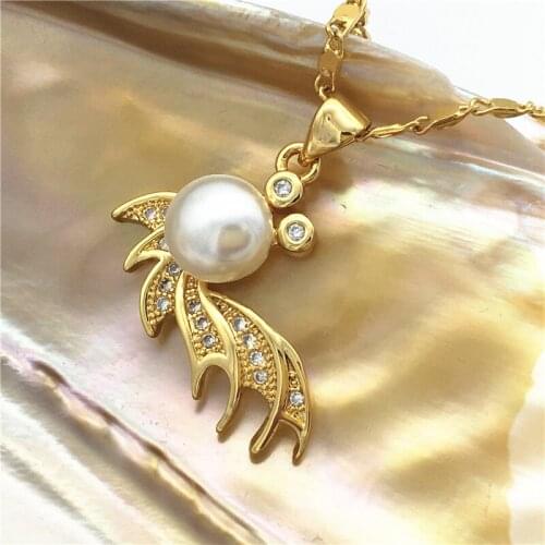 Ladys 5 colors white/black/purple/grey/pink 16mm natural freshwater pearls 18kgp inlay zircon goldfish pendant with chain 06