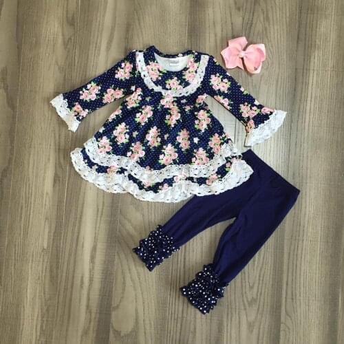 Girlymax Fall/Winter baby girls outfit children cotton clothes ruffles navy floral flower ruffles Bell-bottoms pants match bow