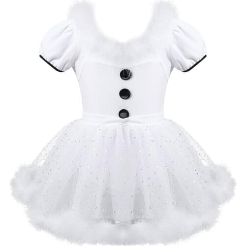 Kids Girls Christmas Dance Costume Feather Trim Puff Sleeves Figure Skating Dress Baton Twirling Sequin Gymnastics Leotard Dress