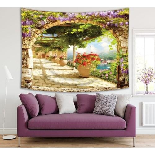 Tapestry View from Arch Lilacs Grapes Flowers in Pots Riverside Terrace Garden Italian Style Architecture Beige Green Red Scene