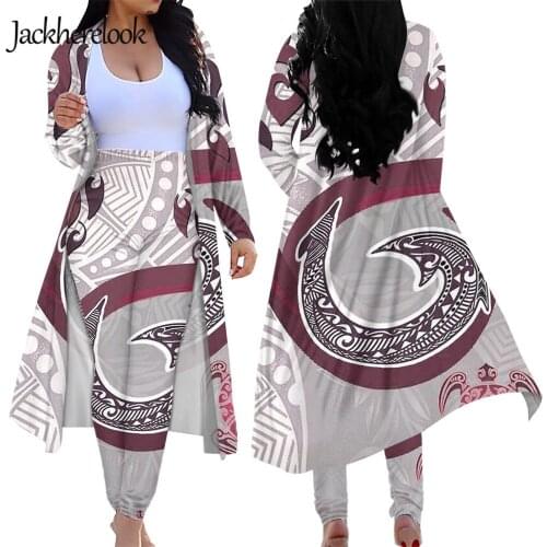 Jackherelook Womens 2 Piece Cardigans Pants Set Red Polynesian Tribal Print Long Sleeve Open Front Cardigan Skinny Pants Suits
