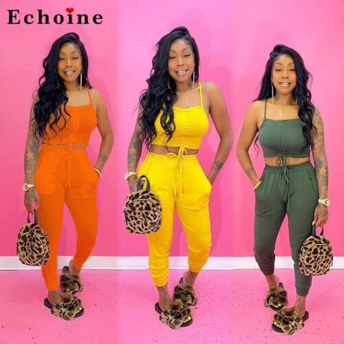 Women 2 Pcs Sets Sexy Spaghetti Straps Navel Pockets Casual Fashion Suit Lace Up Crop Tops Sports Lounge Wear Long Pencil Pants