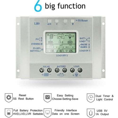 80A 60A Solar Battery Charge Controller LCD 12V/24V 1000W/2000W With USB 5V 1500mA Solar Regulator With LCD Screen Display