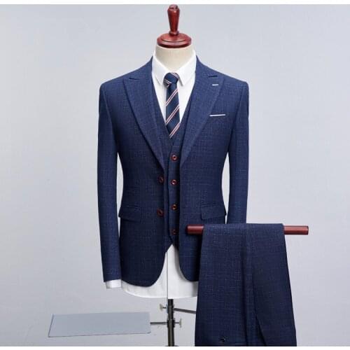 The Newest Designer Brand 2021 Classic Plaid Mens Slim Fit Pinstripe Suit Smart Casual Men 3 Piece Male Business Suits 1015