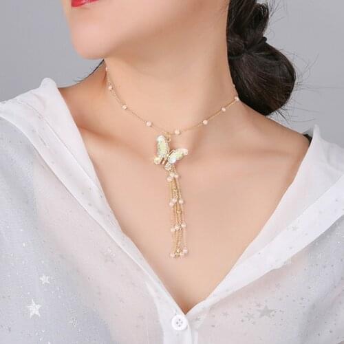 ARLIE New Beautiful Butterfly Pendant Necklaces for Women Exquisite Long Tassel Pearl Necklaces Weddings Jewelry Party Gift