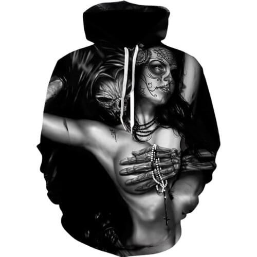 Autumn Mens and Womens Hoodie Womens Mirror Print Black Skull Hoodie Casual Pullover Tops Hip Hop Hooded Street Wear