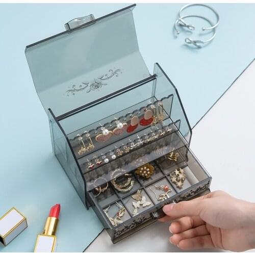 Dustproof Transparent Plastic Jewelry Storage Box Compartment Desktop Earring Jewelry Make-up Rack with Drawer Make-up Box