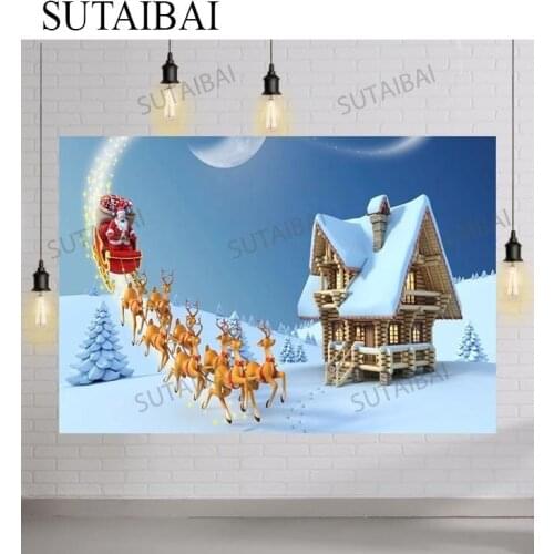 Christmas Photo Backdrop Baby Cartoon Stanta Claus Gifts Elk Night Scene Wooden House Photographic Background Photo Studio Props