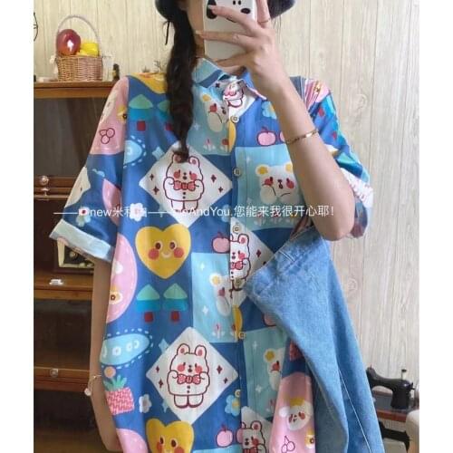 HOUZHOU Kawaii Anime Shirt Summer Harajuku Japan Style Oversize Short Sleeve Cute Blouse Women Streetwear Cartoon Korean Fashion