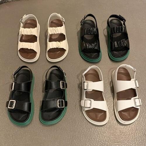 Student Pleated band gladiator sandals women thick soled sandales summer beach shoes double buckle strap sandalias mujer 2021