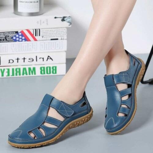 Flats sandals women 2020 leather solid shoes woman sandals comfortable flat with women shoes soft hollow women sandals plus size