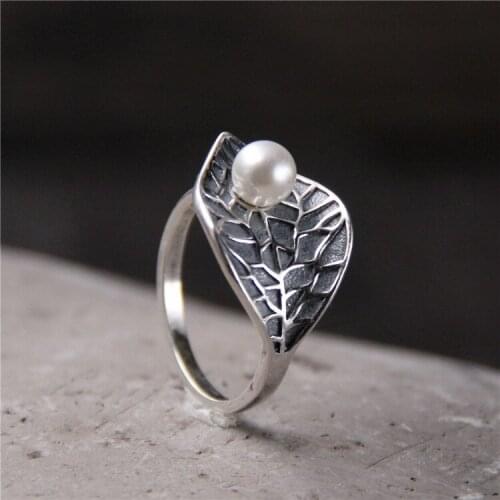Vatican silver silver S925 pure silver restoring ancient ways do old leaves ms pearl ring opening new Thai silver ring