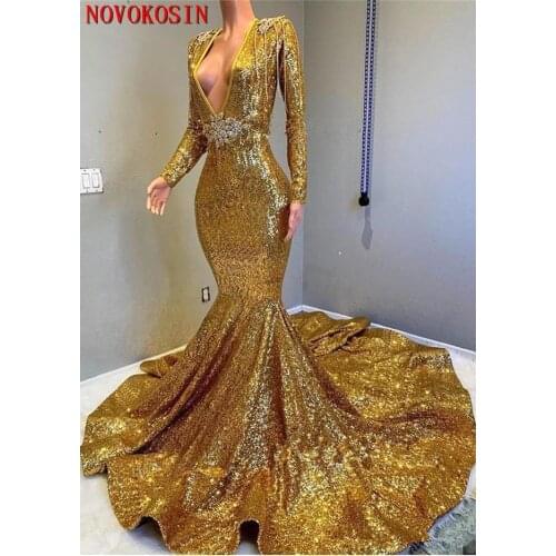 2019 Vintage Gold Sequined V Neck Beading Prom Dresses Mermaid Open Back Sweep Train Evening Gowns Pageant Dress Formal Gown