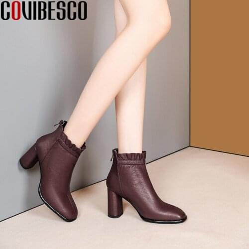 COVIBESCO Basic Women Ankle Boots Genuine Leather Shoes Woman Ruffles Back Zipper High Heels Elegant Fashion Office Lady Boots