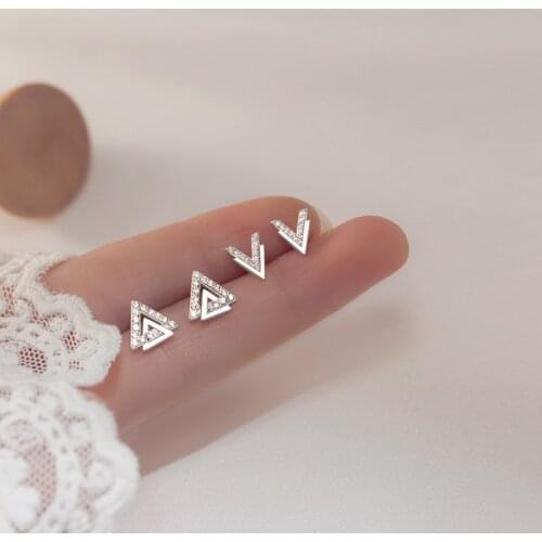 Enosola Real 925 Sterling Silver Fashion Sweet Triangle V Shape CZ Stud Earrings for Women Wedding Party Fine Jewelry