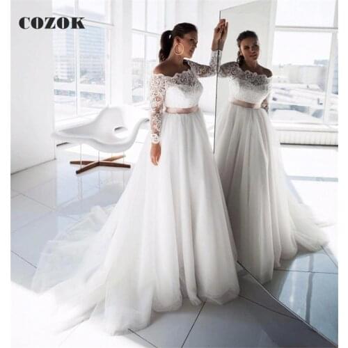 Plus Size A-line Log Sleeve Tulle Lace Wedding Dresses Long Formal Elegant Bride Wedding Gowns Custom Size CZ66