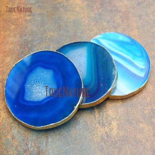 10Pcs Blue Lace Agates Coaster Gold Color Circle Coaster For Less Approx 55-75mm PM14933