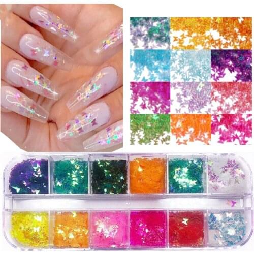 12Grids Ultra-thin butterfly Glitter Shiny Translucent Nail Art Sequins Decoration Slicing Accessory Tool For Spring Nail Design