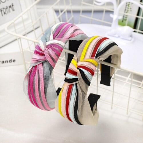 30pcs/lot DIY Simple Multi Tie Knot Rainbow Stripe Cross Head Band Gauze Wide HeadBands Hair Styling Tools Accessory HA1114