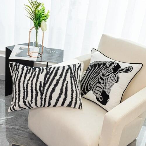 Black White Zebra Embroidered Pillow Cases Luxury Throw Pillow Covers Chenille Decorative Pillow Covers