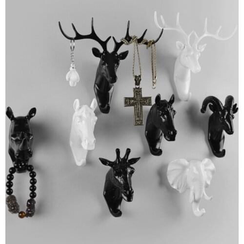 Deer Rhino Elephant Giraffe Horse Animal House Decorative Hook Rack Creative Resin Model Bathroom Coat Wall Hook Antlers Hanger