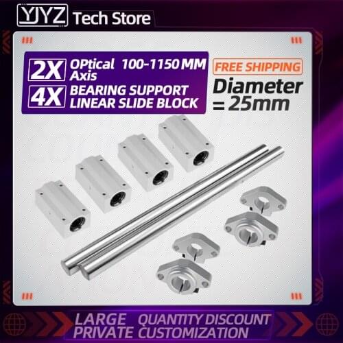 Woodworking linear optical axis d=25mm L-100-1150mm+4pc SCS-LUU guide rail slider+4pc SHF bearing bracket for 3D printer CNC