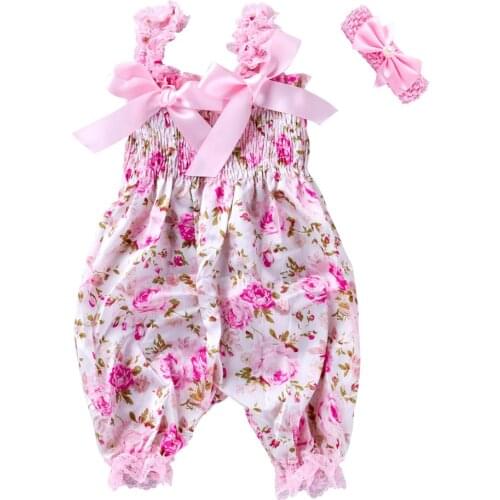 Kids Jumpsuit with Headband, Girls Dots/ Flower/ Leopard Print Sleeveless Romper with Elastic Shoulder Strap+ Headwear