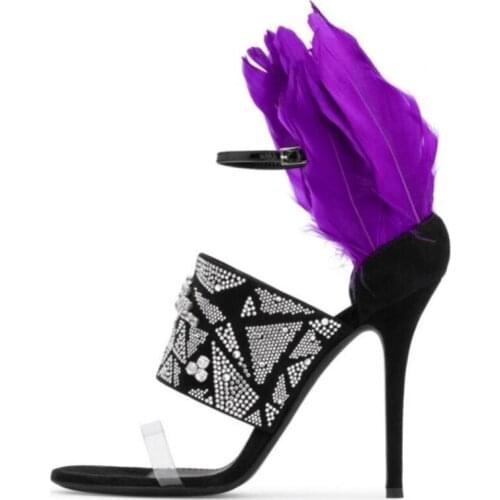 Purple Feather Woman Sandals Sexy PVC Strap High Heels Shoes Crystal Embellished Cut-out Dress Shoes Thin Heels Summer Sandals