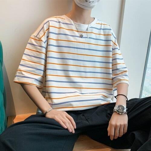 Cotton short-sleeved T-shirt male Korean version trend summer loose stripe middle sleeve student half sleeve joker