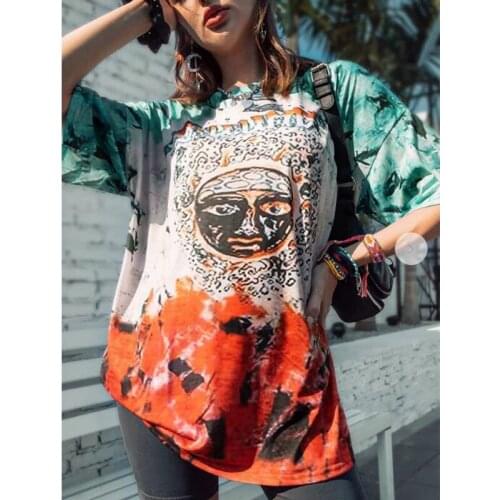 Vintage Sun Face Print Letter Graphic T Shirts Women Streetwear Top Short Sleeve Kawaii Clothes Summer Plus Size Tie Dye Tshirt